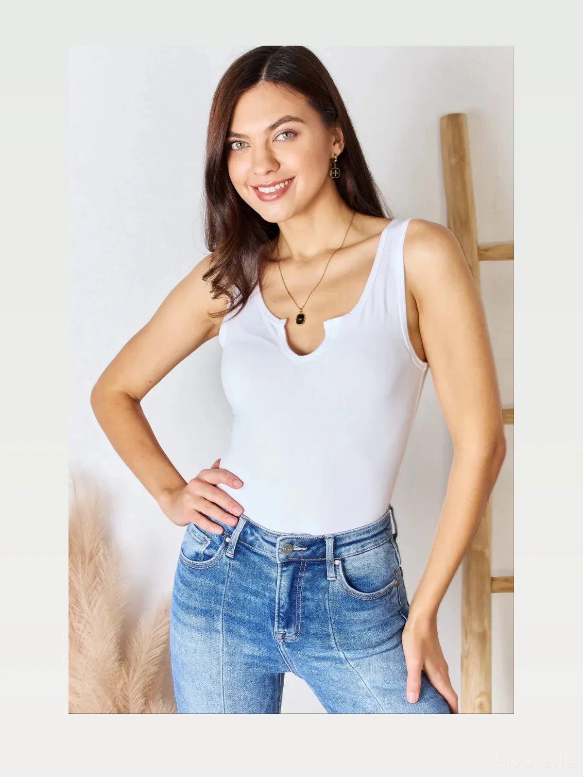 Notched Neck Microfiber Sleeveless Bodysuit