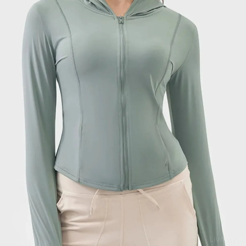 Pocketed Zip Up Hooded Long Sleeve Active Jacket