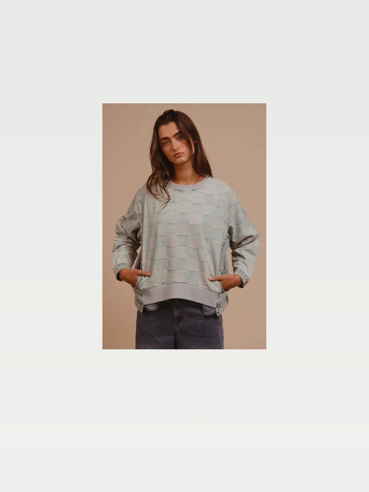 Mineral Washed Checkered Round Neck Denim Top