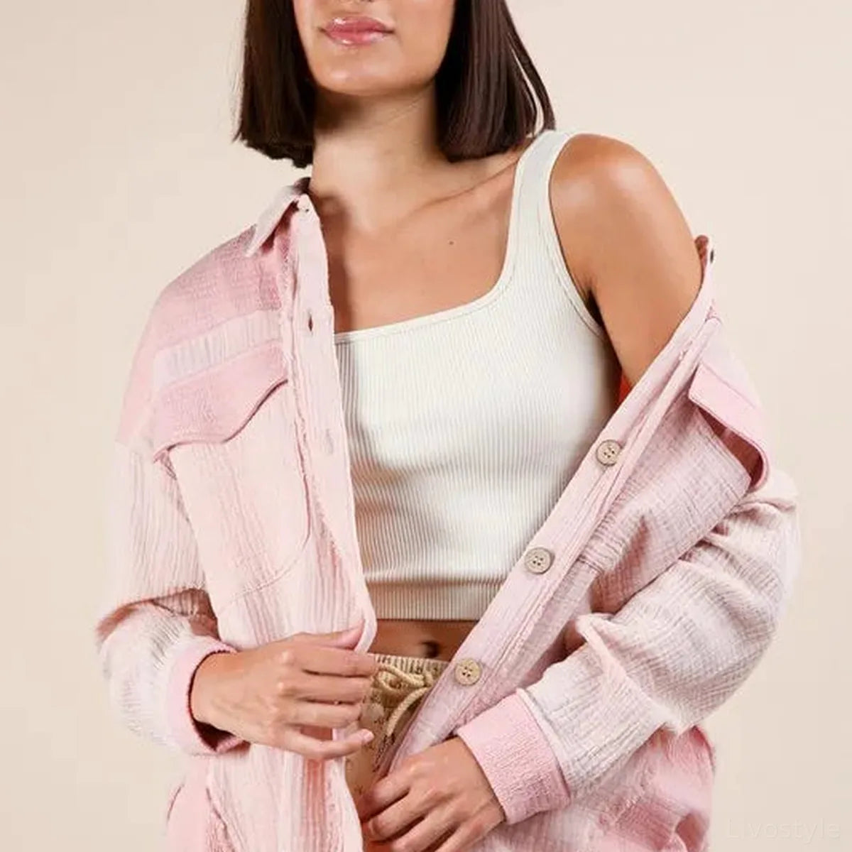 Mineral Washed Oversized Gauze Shacket with Color Block