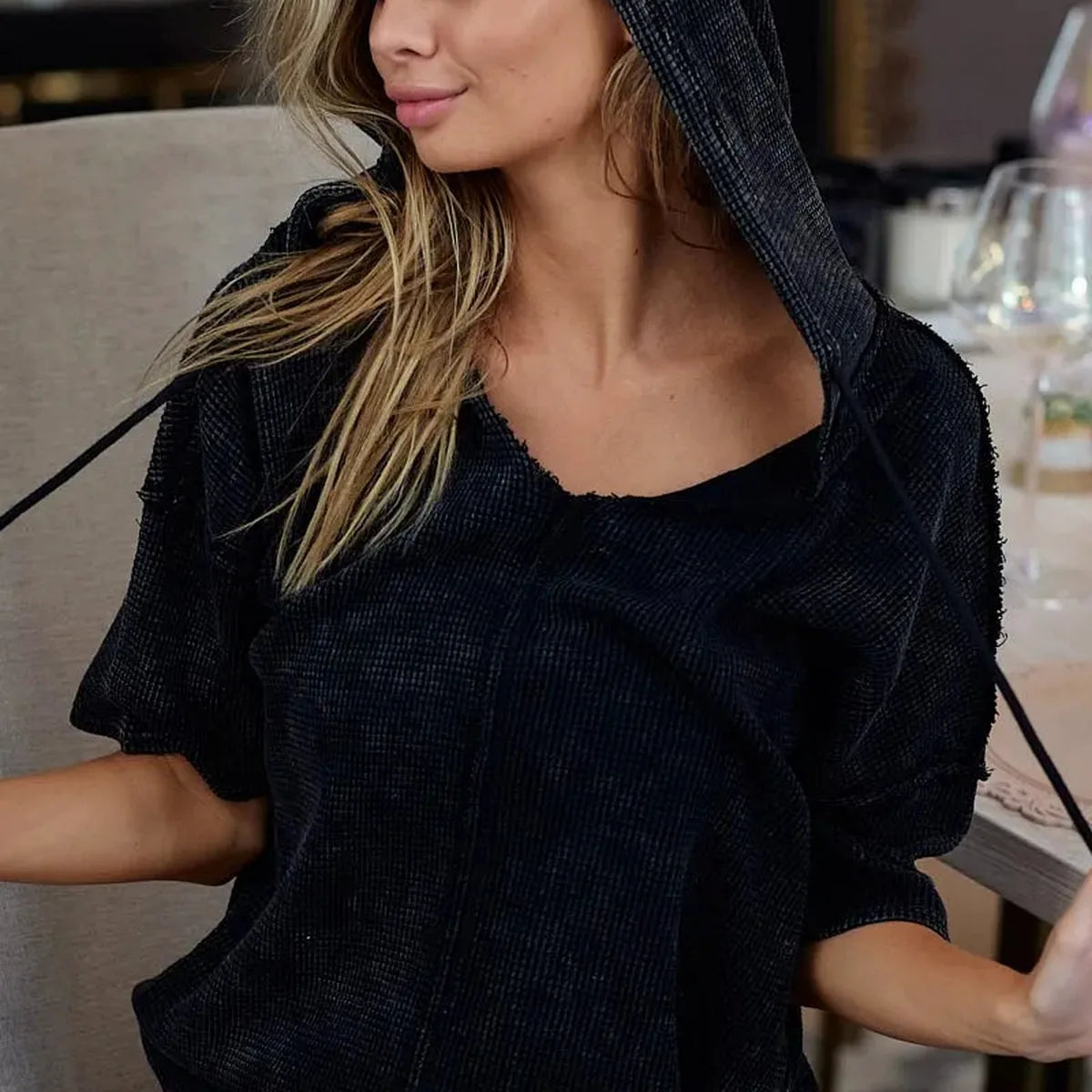 Mineral-Washed Short Sleeve Hoodie with V-Neck and Waffle Knit