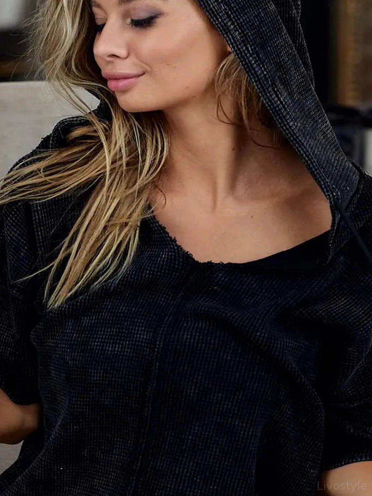 Mineral-Washed Short Sleeve Hoodie with V-Neck and Waffle Knit