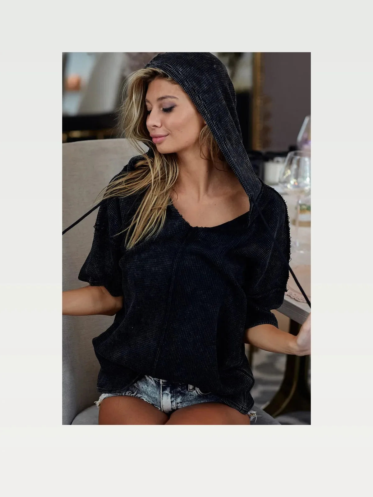 Mineral-Washed Short Sleeve Hoodie with V-Neck and Waffle Knit