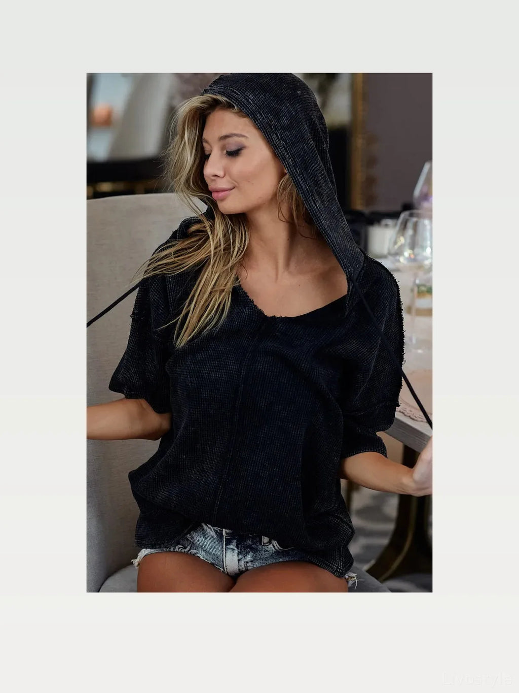 Mineral-Washed Short Sleeve Hoodie with V-Neck and Waffle Knit
