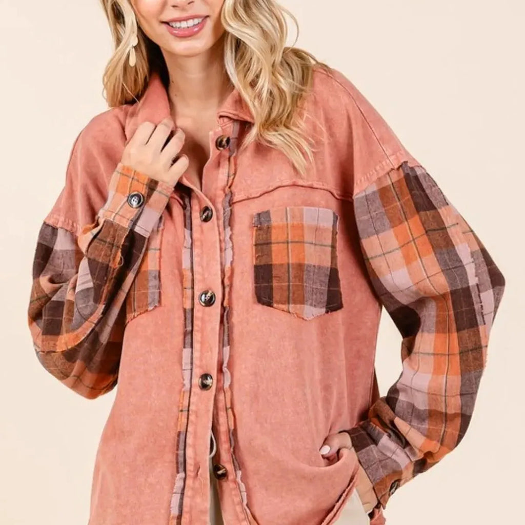 Button Down Plaid Patchwork Shacket – Unlined Cotton