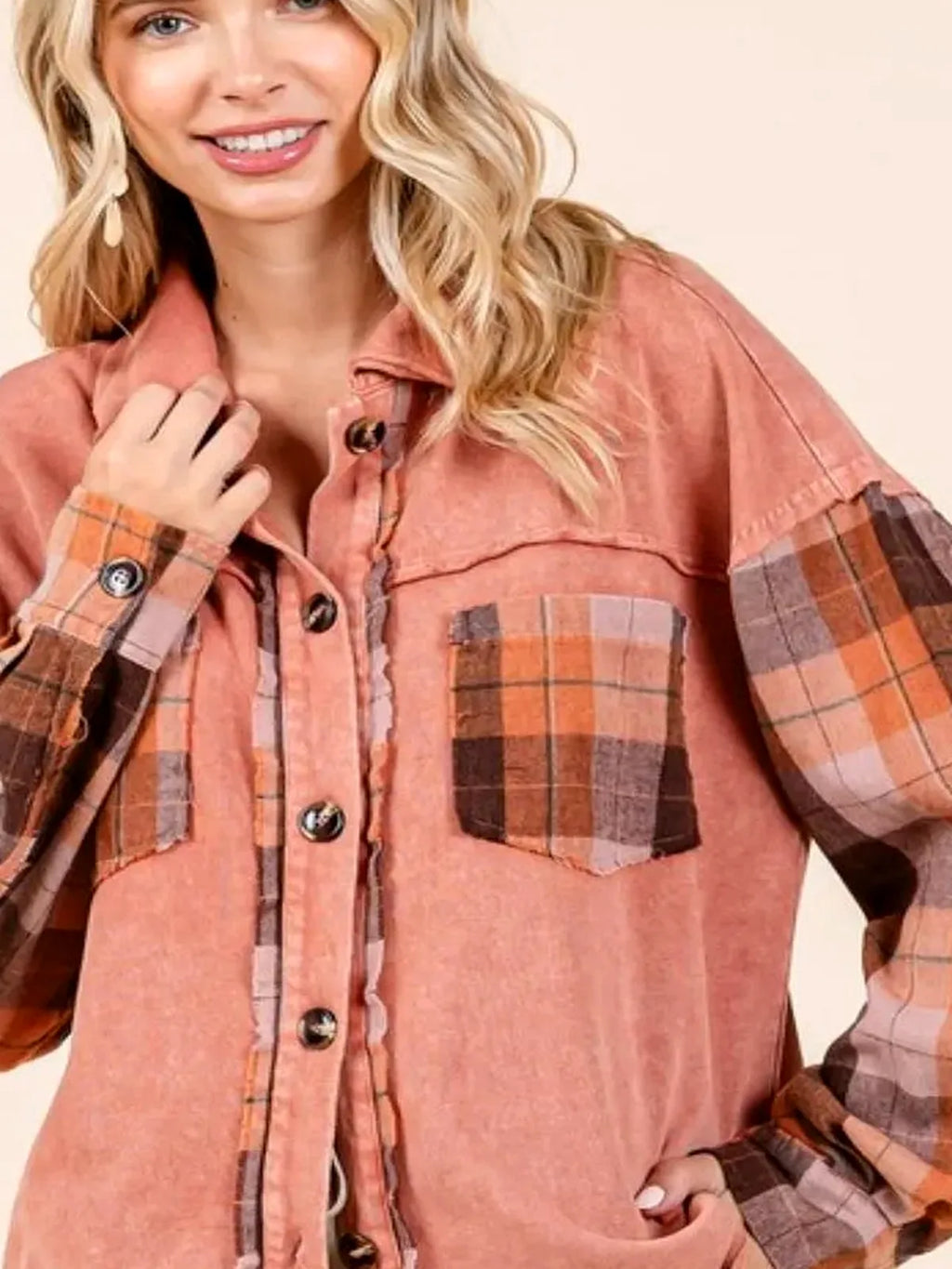 Button Down Plaid Patchwork Shacket – Unlined Cotton