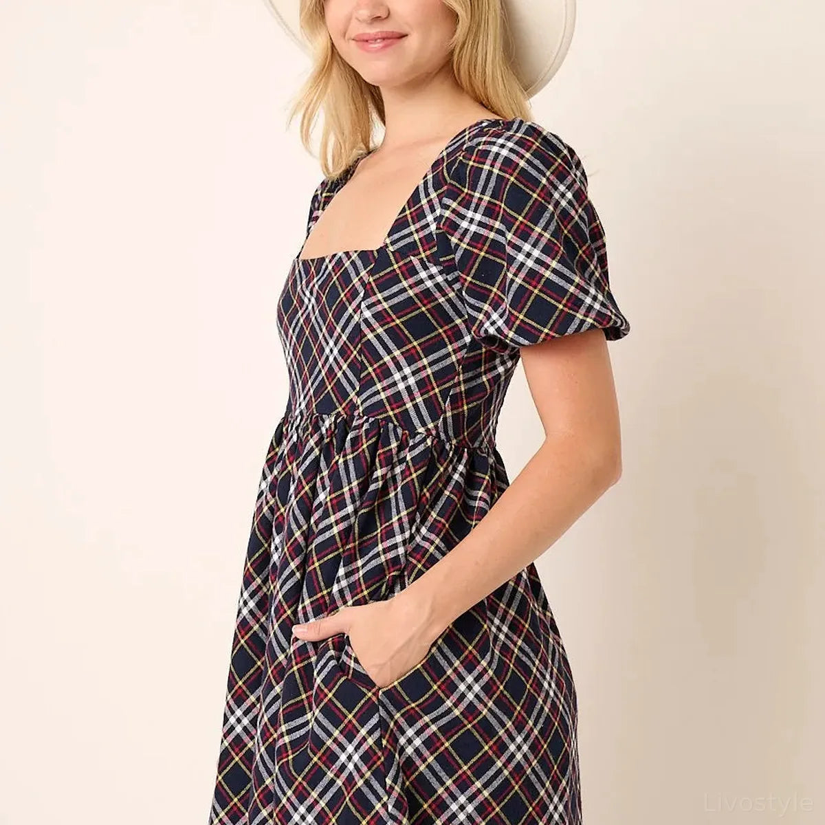 Checkered Print Puff Sleeve Babydoll Mini Dress