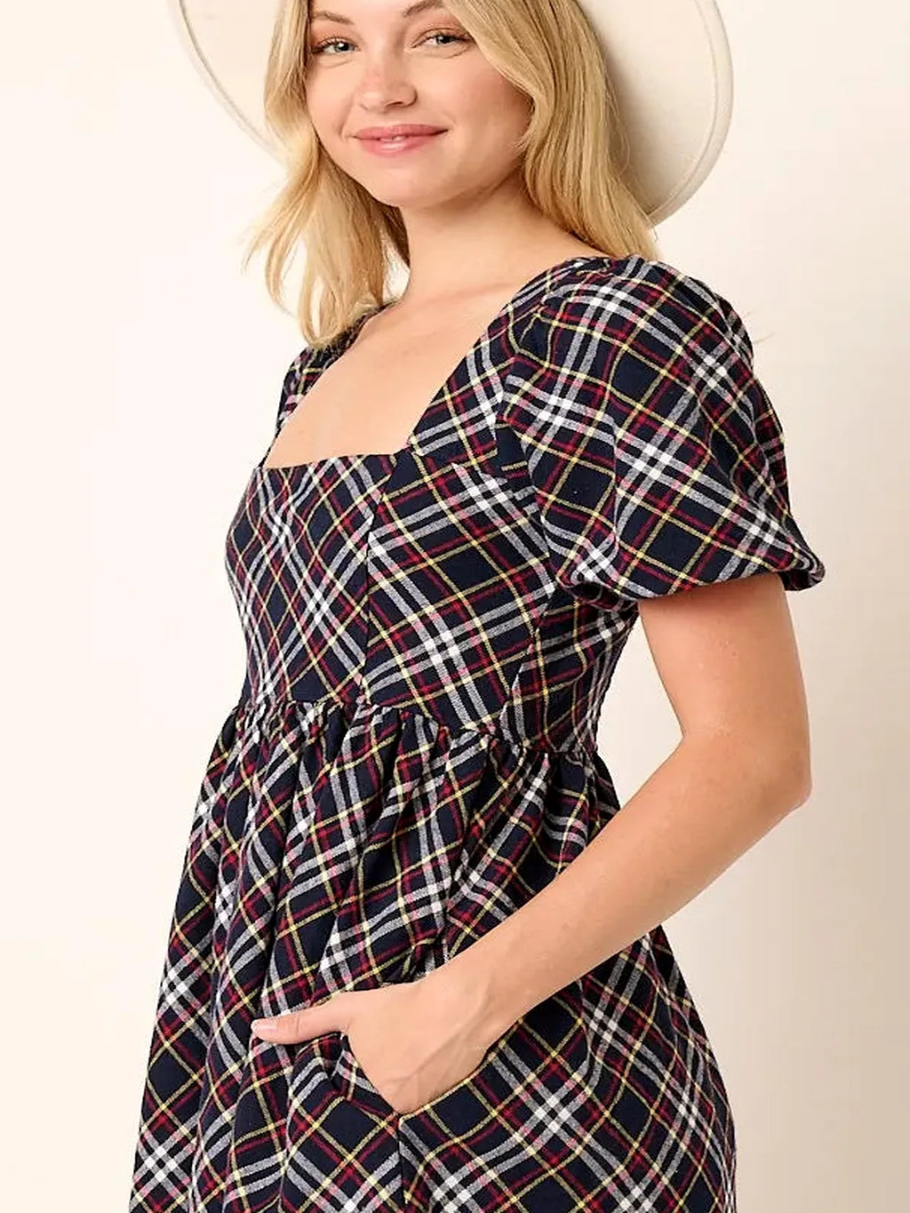 Checkered Print Puff Sleeve Babydoll Mini Dress