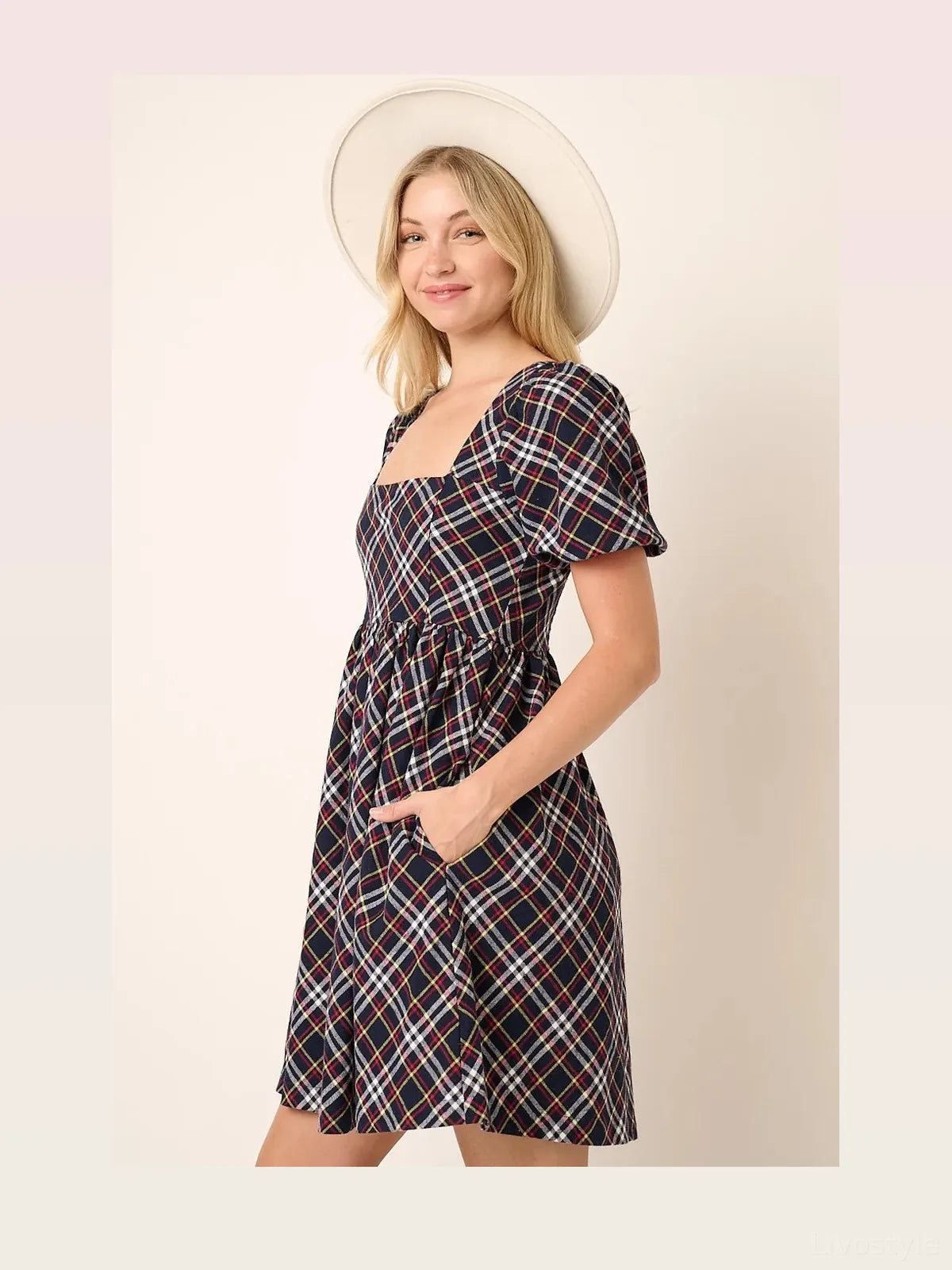 Checkered Print Puff Sleeve Babydoll Mini Dress