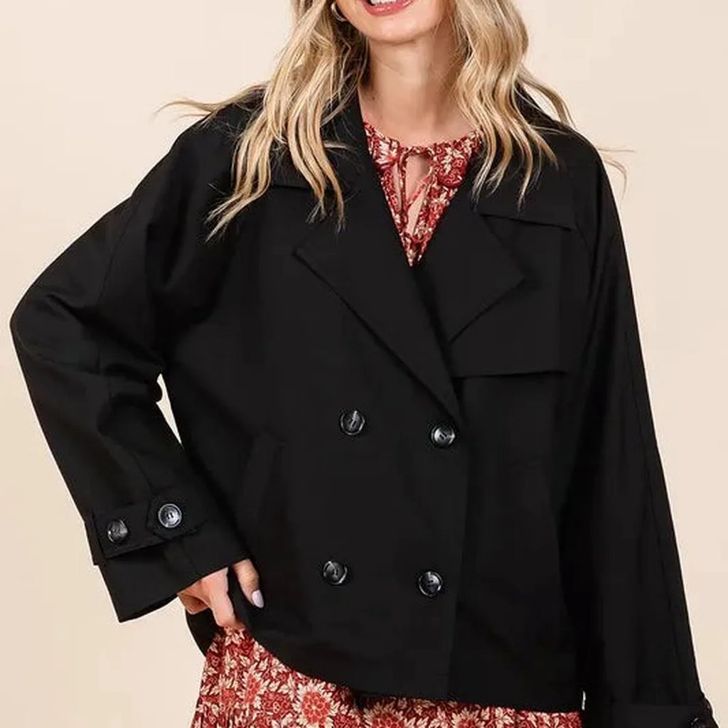 Double Breasted Long Sleeve Trench Coat – Black Floral