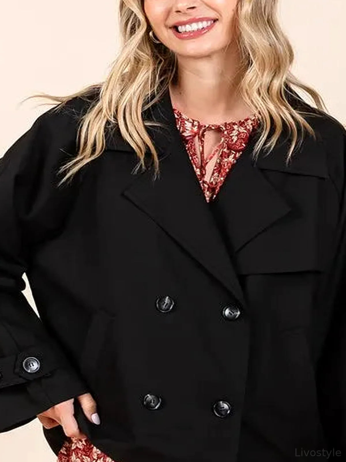 Double Breasted Long Sleeve Trench Coat – Black Floral