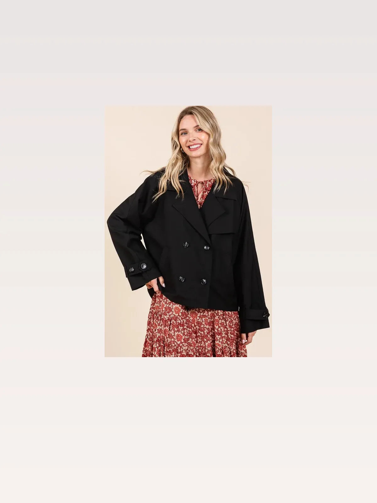 Double Breasted Long Sleeve Trench Coat – Black Floral