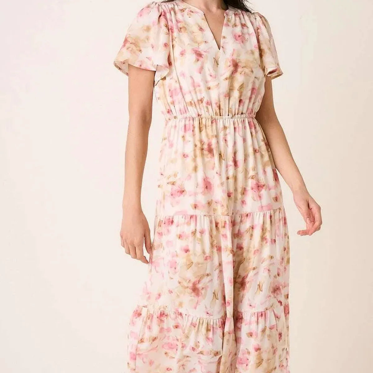 Floral Flutter Sleeve V-Neck Maxi Dress with Slit