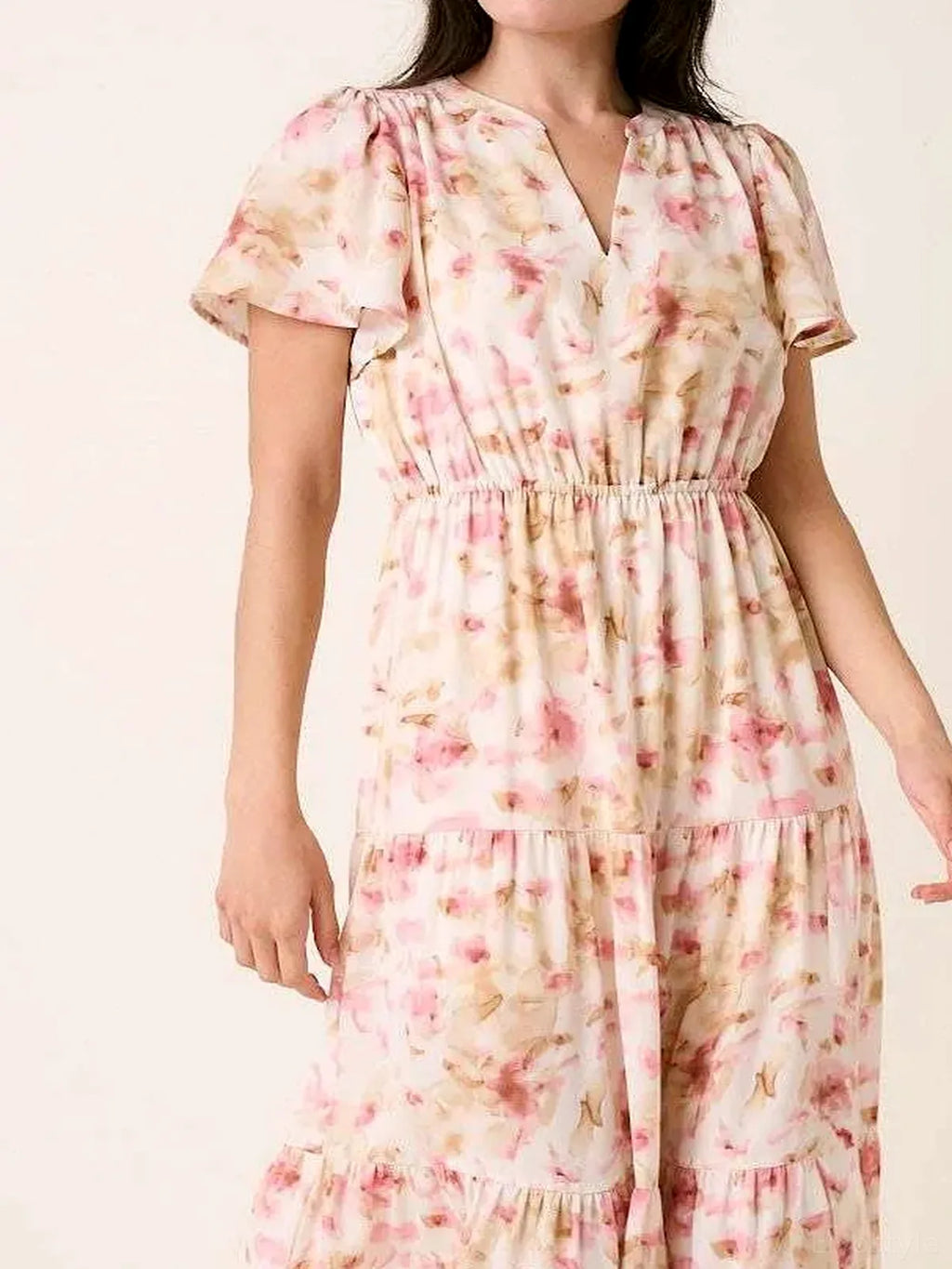 Floral Flutter Sleeve V-Neck Maxi Dress with Slit