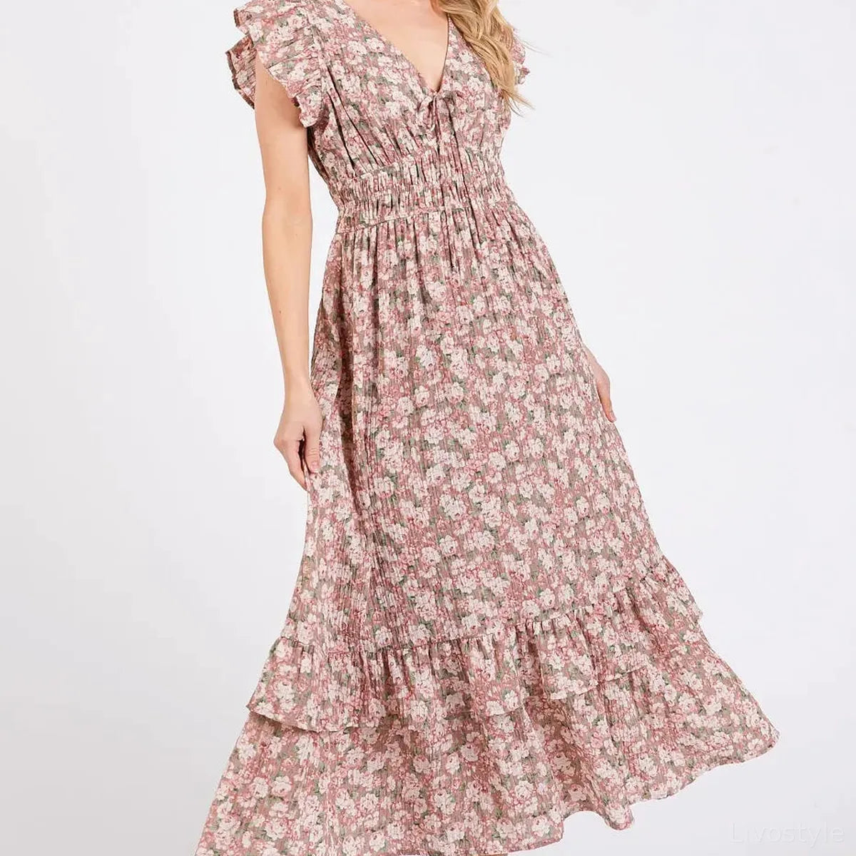 Floral Print Ruffle Cap Sleeve V-Neck Midi Dress