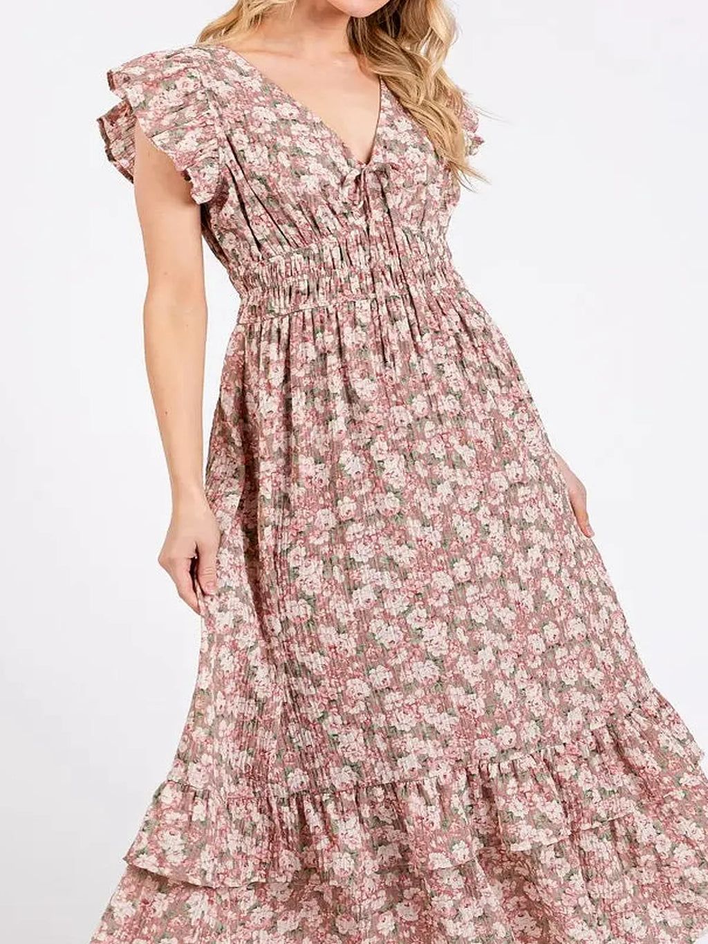 Floral Print Ruffle Cap Sleeve V-Neck Midi Dress