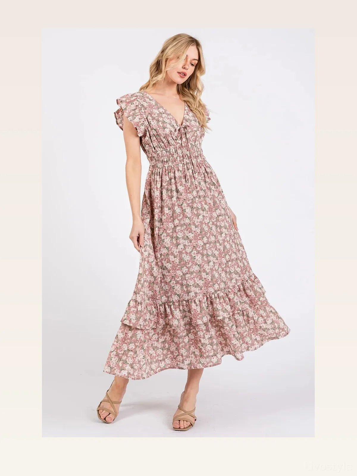 Floral Print Ruffle Cap Sleeve V-Neck Midi Dress
