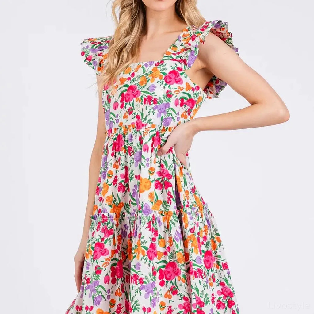 Floral Print Ruffle Shoulder A-Line Mini Dress