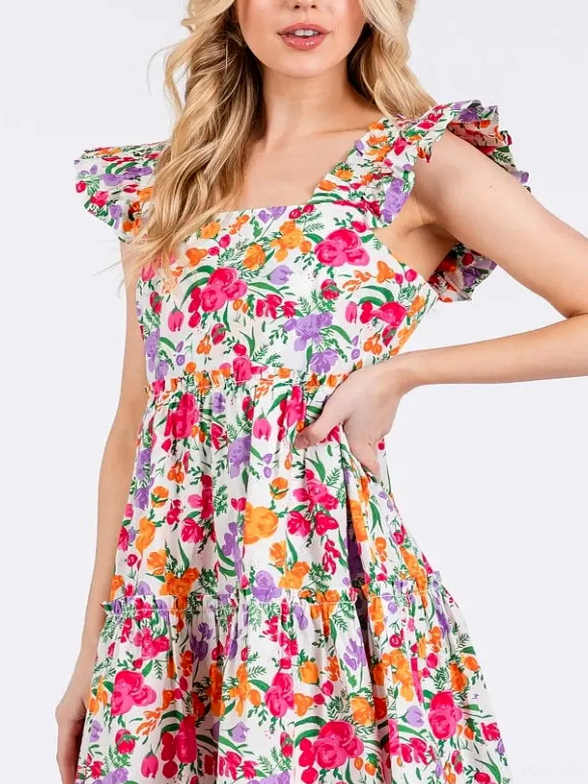 Floral Print Ruffle Shoulder A-Line Mini Dress