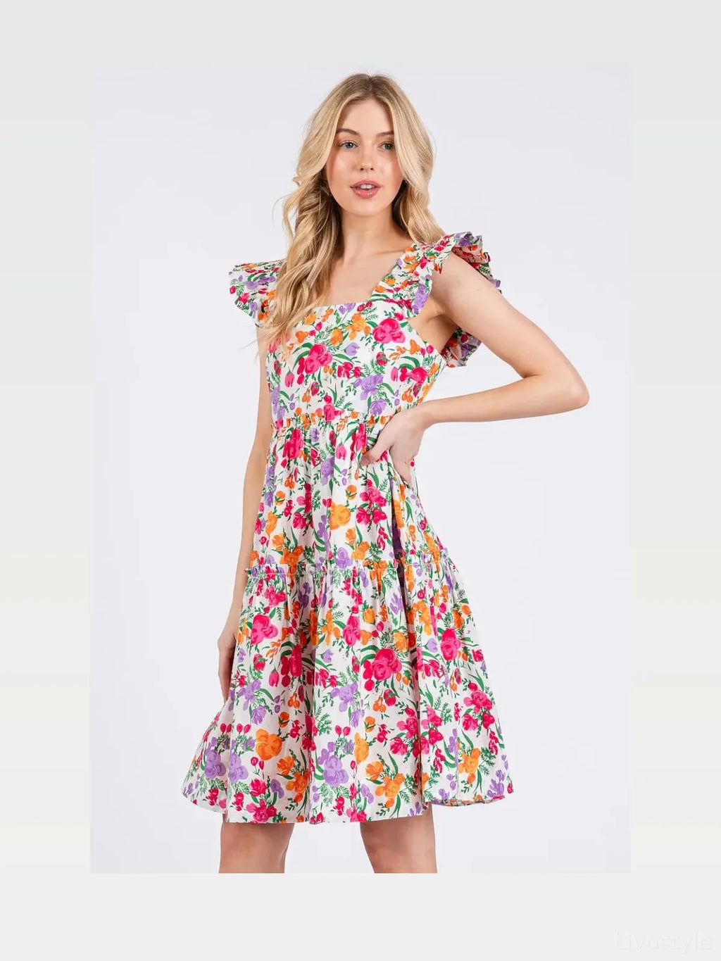 Floral Print Ruffle Shoulder A-Line Mini Dress