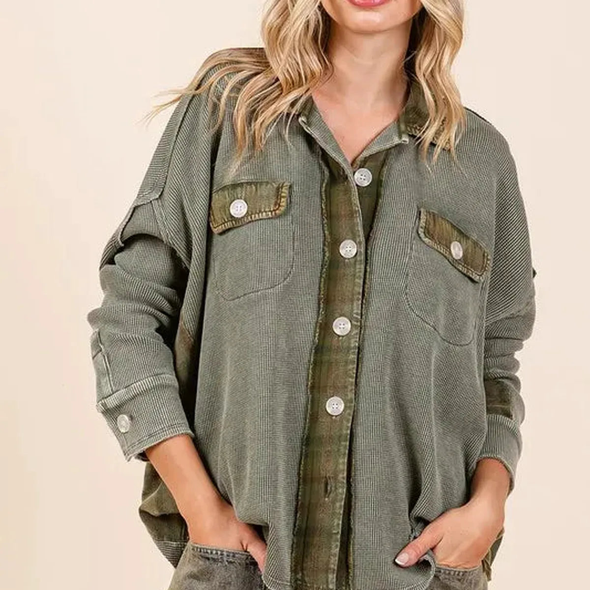 Mineral Washed Plaid Corduroy Button-Down Shacket