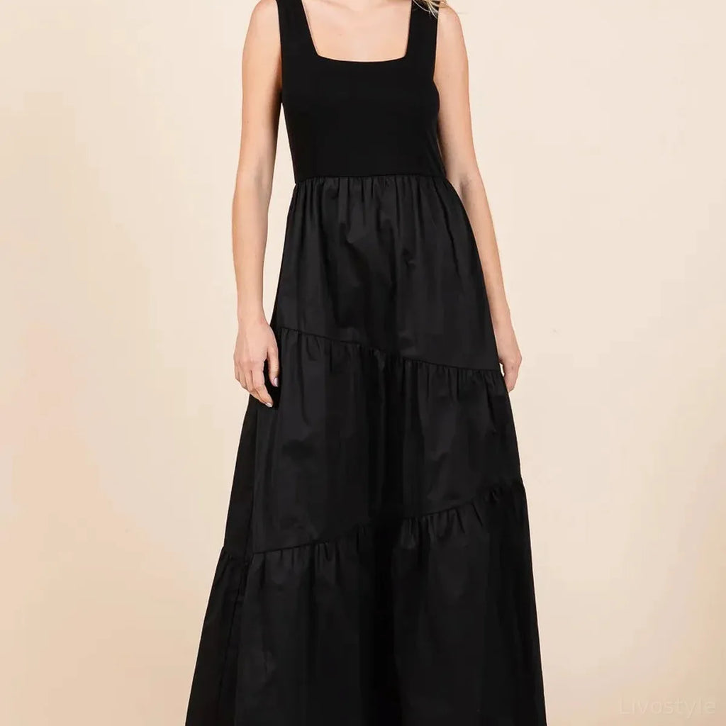 Mix Media Square Neck Tiered Maxi Dress