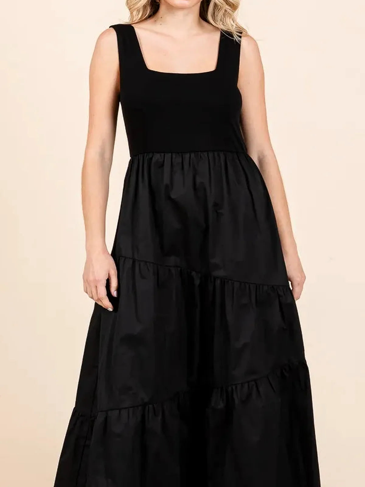 Mix Media Square Neck Tiered Maxi Dress