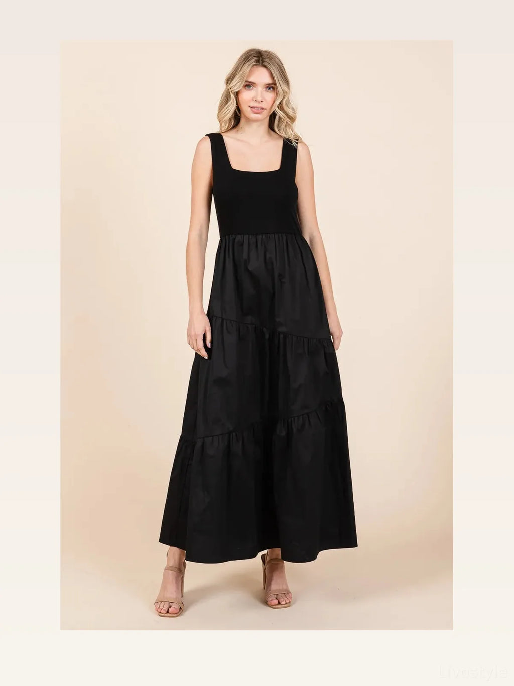 Mix Media Square Neck Tiered Maxi Dress