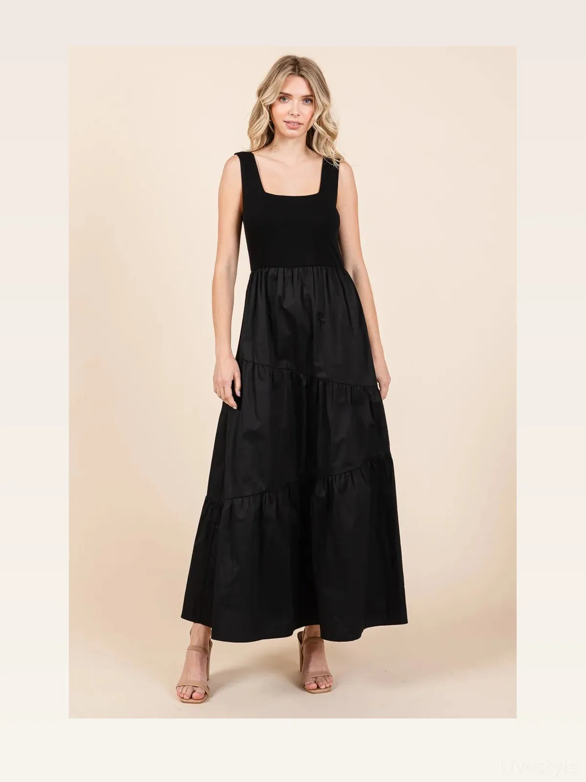 Mix Media Square Neck Tiered Maxi Dress