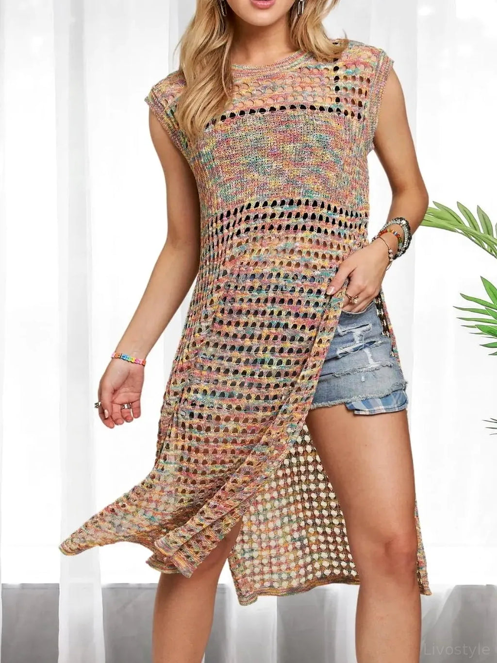 Bohemian Rainbow Crochet Tunic Top with Side Slits