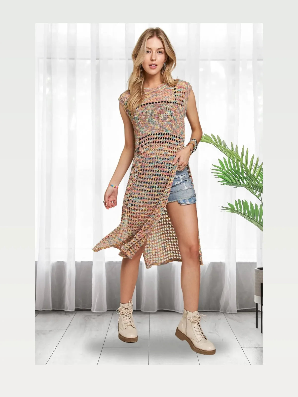 Bohemian Rainbow Crochet Tunic Top with Side Slits
