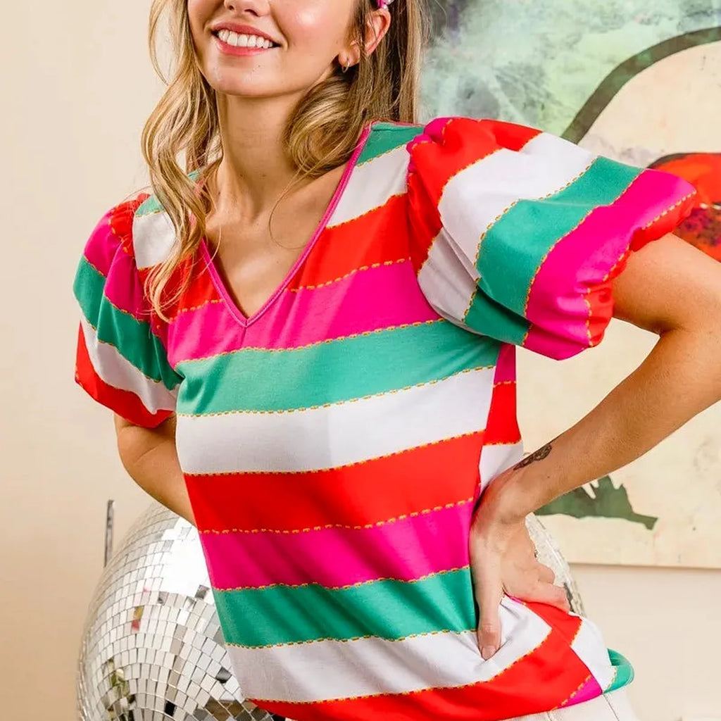Multi-Stripe Puff Sleeve V-Neck Top