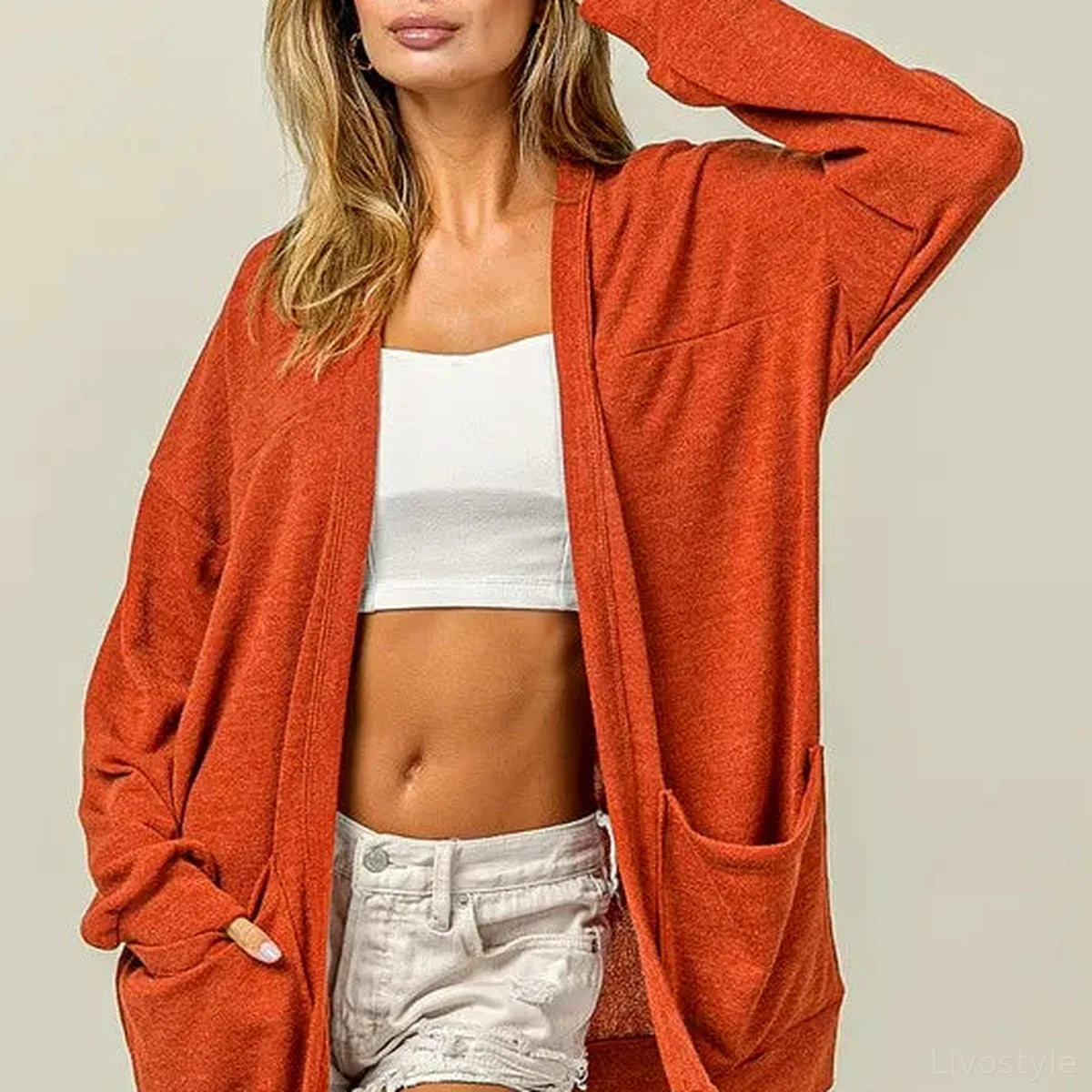 Cozy Open Front Cardigan with Drop Shoulders & Pockets