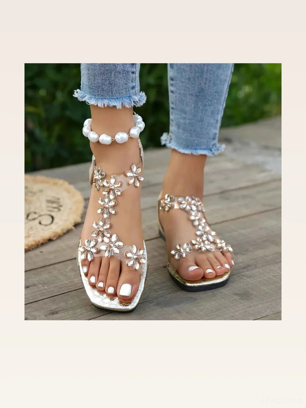 Open Toe Flat Sandals with Clear Straps and Rhinestone Flower