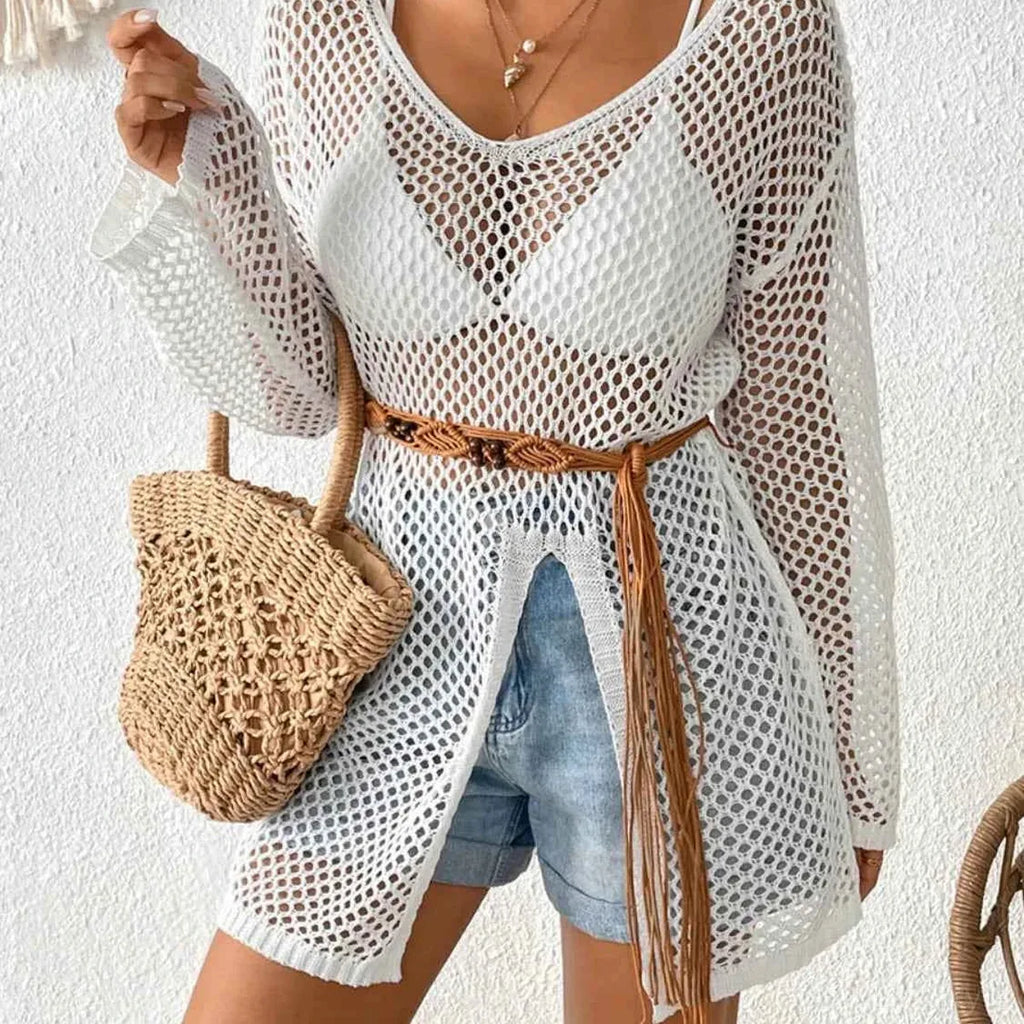 Openwork Knit V-Neck Cover-Up with Side Slit