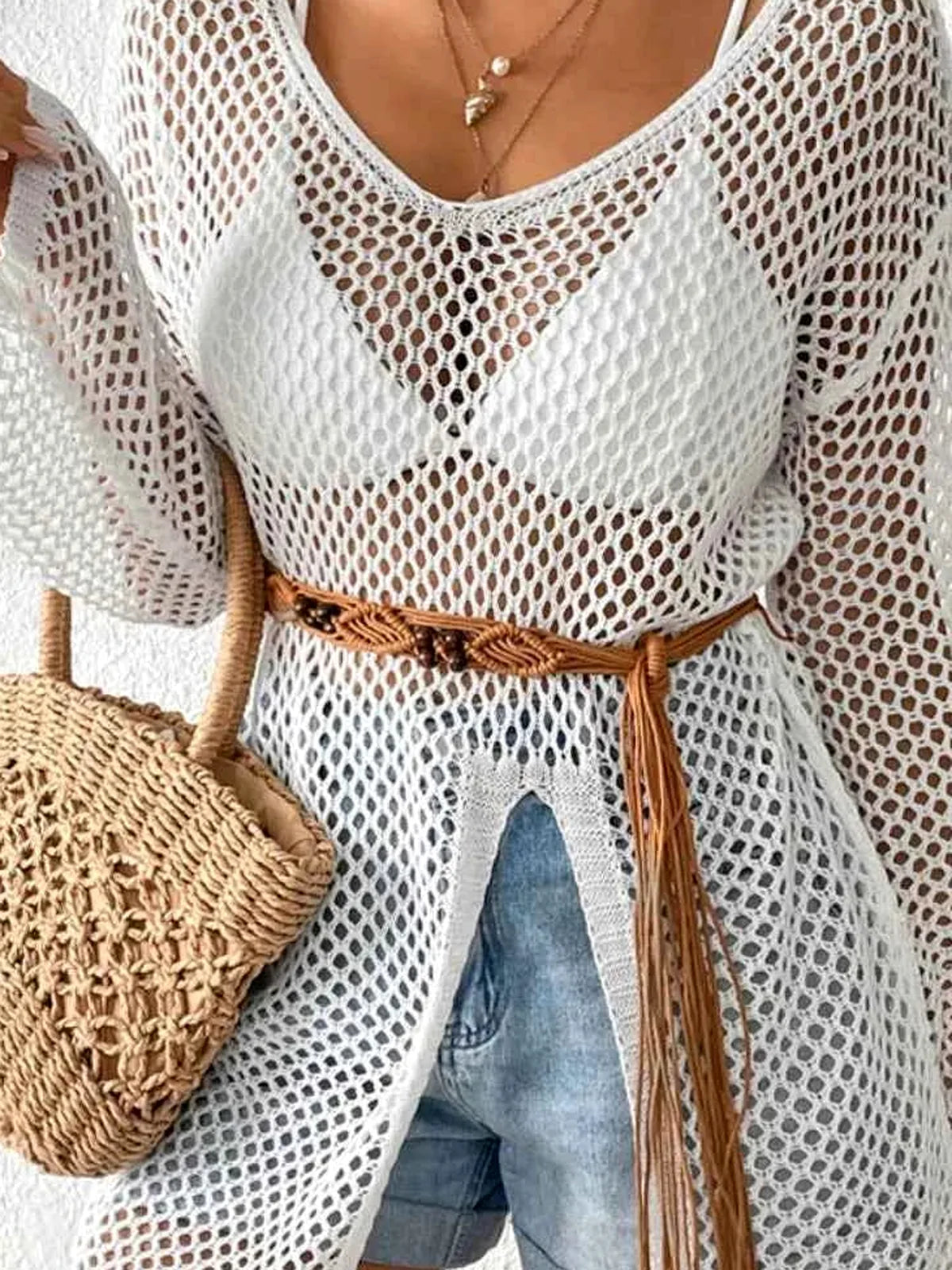 Openwork Knit V-Neck Cover-Up with Side Slit