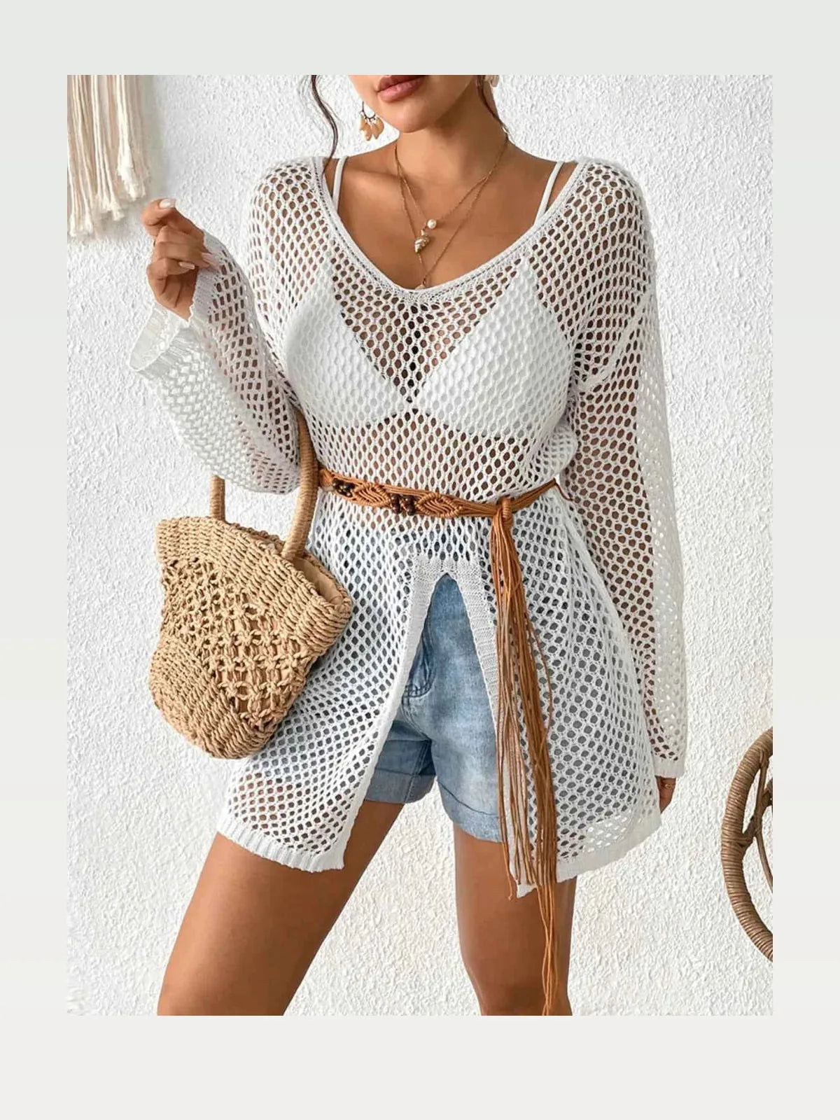 Openwork Knit V-Neck Cover-Up with Side Slit