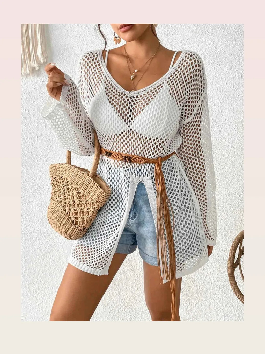 Openwork Knit V-Neck Cover-Up with Side Slit