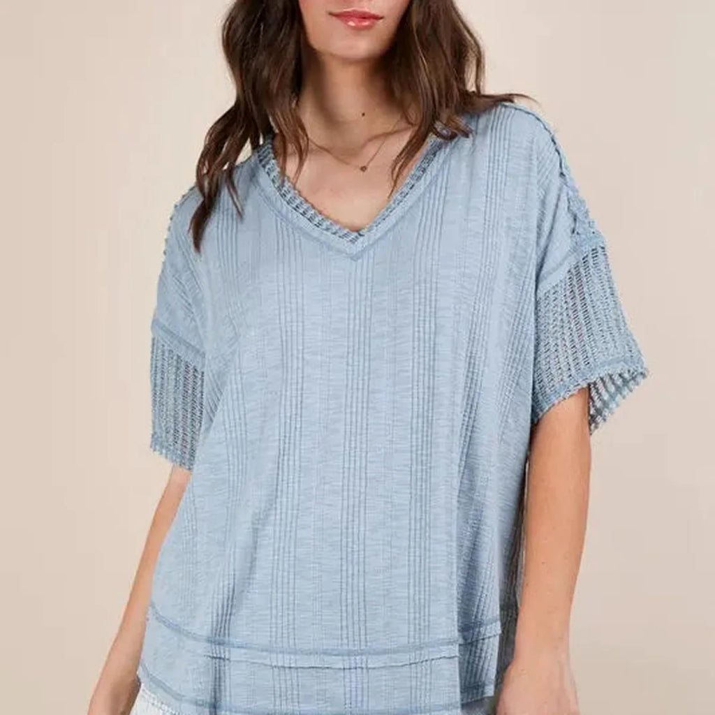 Oversized Contrast Knit Top with Lace Trim and V-Neck