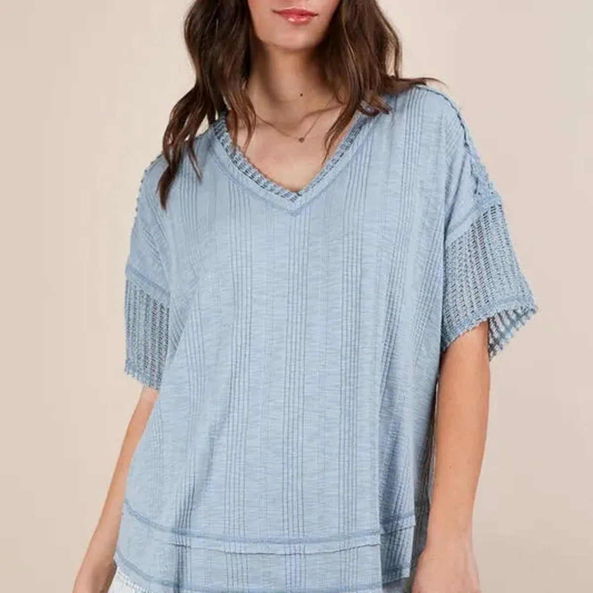 Oversized Contrast Knit Top with Lace Trim and V-Neck