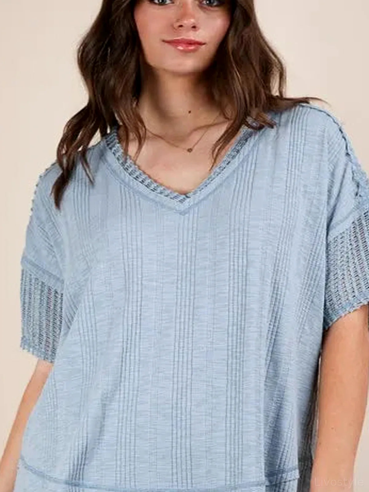 Oversized Contrast Knit Top with Lace Trim and V-Neck