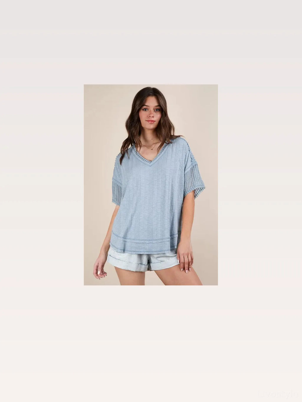 Oversized Contrast Knit Top with Lace Trim and V-Neck