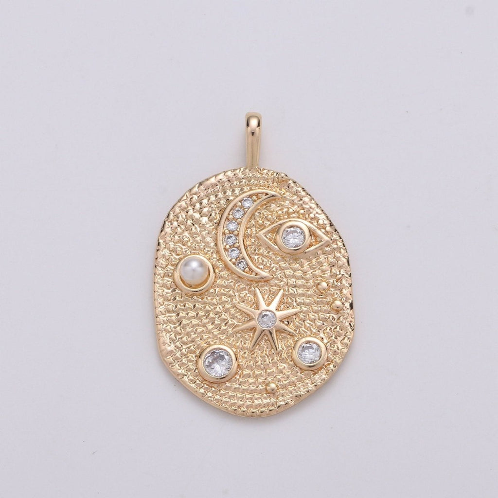 Pearl and Micro Pave Clear CZ Planet in the Ovum Pendant 14K Gold Filled Charm, Star, Crescent Moon, Galaxy, DIY Jewelry Necklace Making | D-738