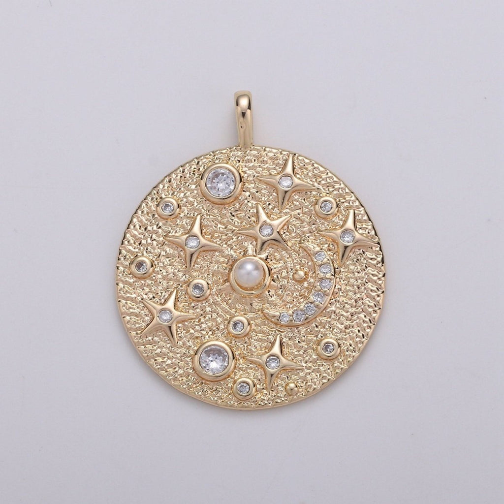 Pearl and Micro Pave CZ Planet in the Universe Round Pendant 14K gold Filled Charm, Star, Cresent Moon, Galaxy, DIY Jewelry Necklace making D-736