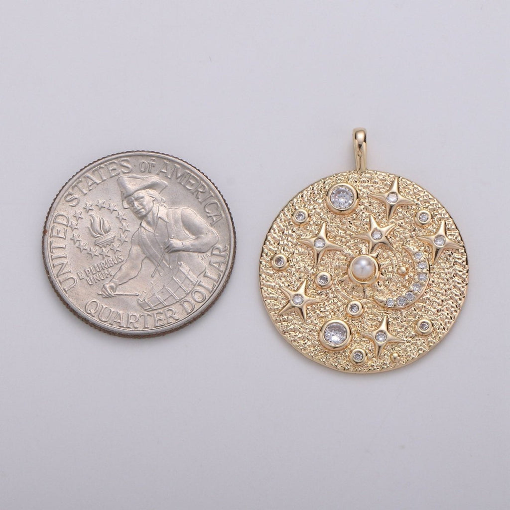 Pearl and Micro Pave CZ Planet in the Universe Round Pendant 14K gold Filled Charm, Star, Cresent Moon, Galaxy, DIY Jewelry Necklace making D-736