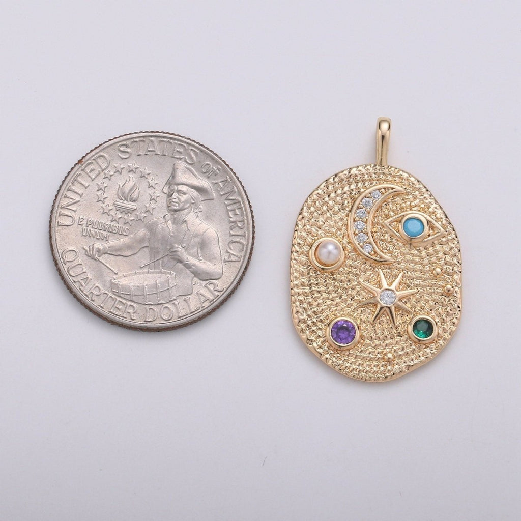 Pearl and Multi color CZ Planet in the Ovum Universe Pendant 14K gold Filled Charm, Star, Crescent Moon, Galaxy, DIY Jewelry Necklace making, D-739