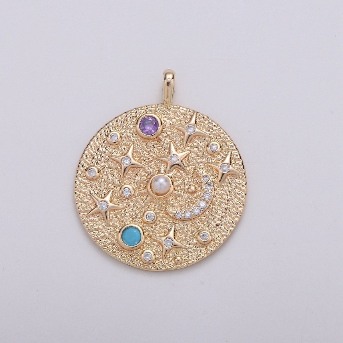 Pearl and Multi color CZ Planet in the Universe Round Pendant 14K gold Filled Charm, Star, Cresent Moon, Galaxy, DIY Jewelry Necklace making D-737