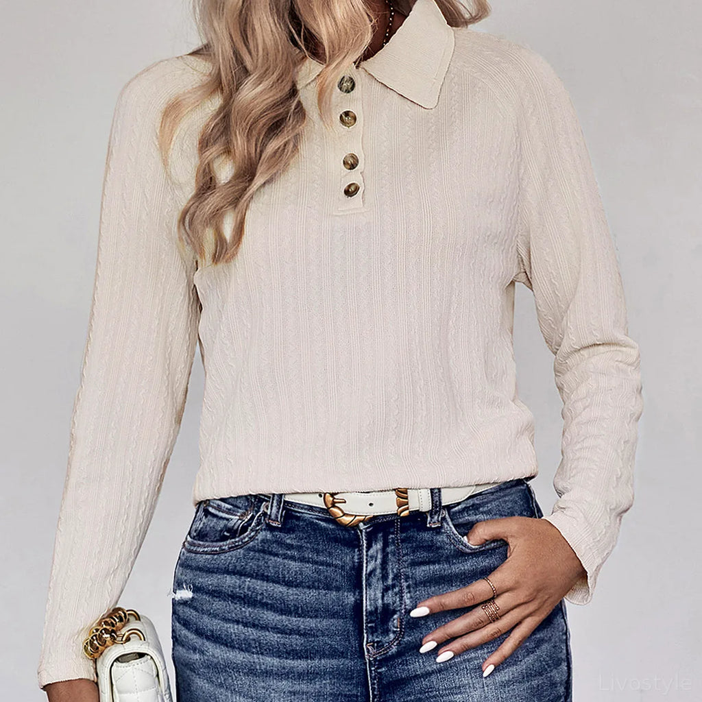 Collared Neck Buttoned Long Sleeve Top