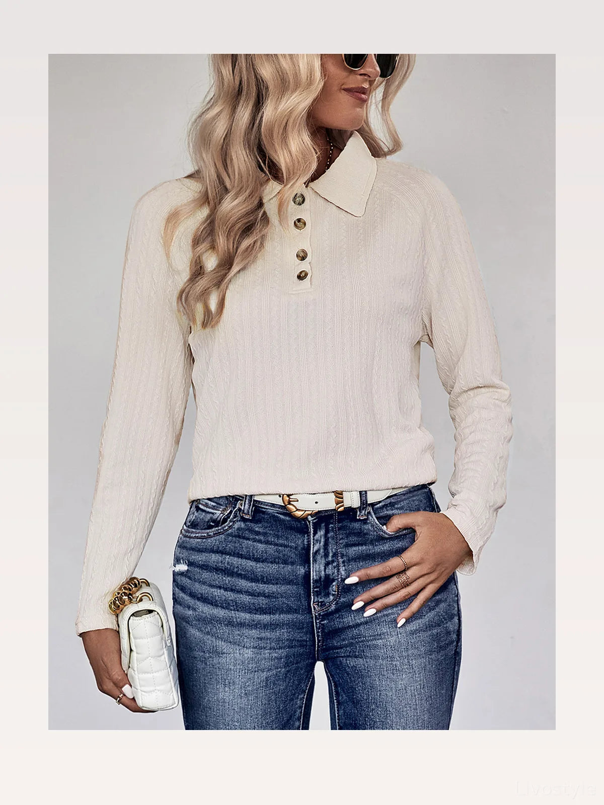 Collared Neck Buttoned Long Sleeve Top