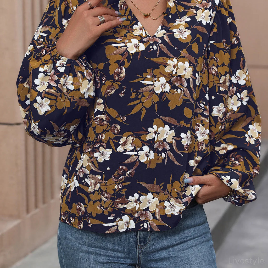 Floral Notched Neck Balloon Sleeve Blouse